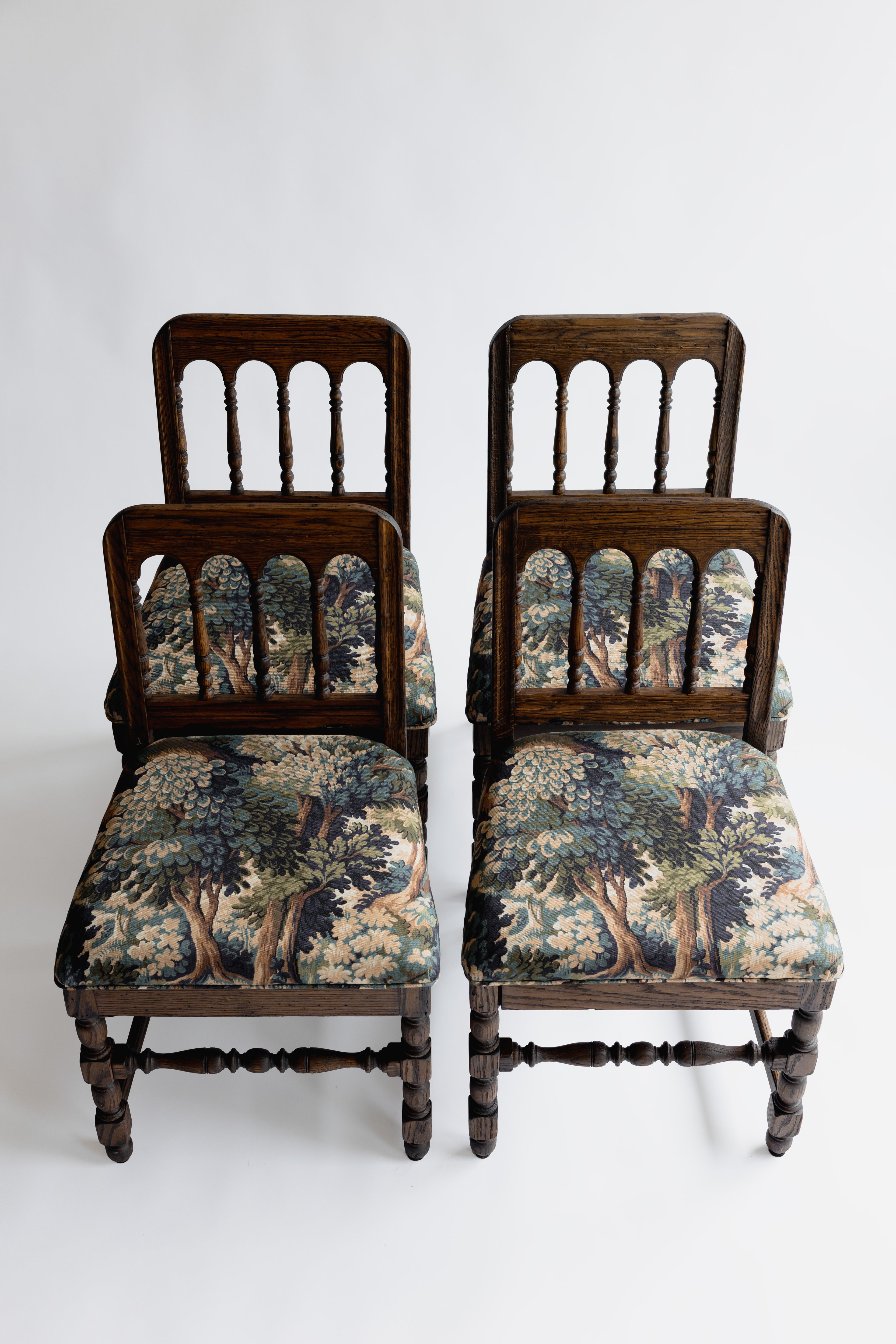 Refinished Vintage Tudor-Style Dining Chairs in Pindler Fabric (Set of 4)