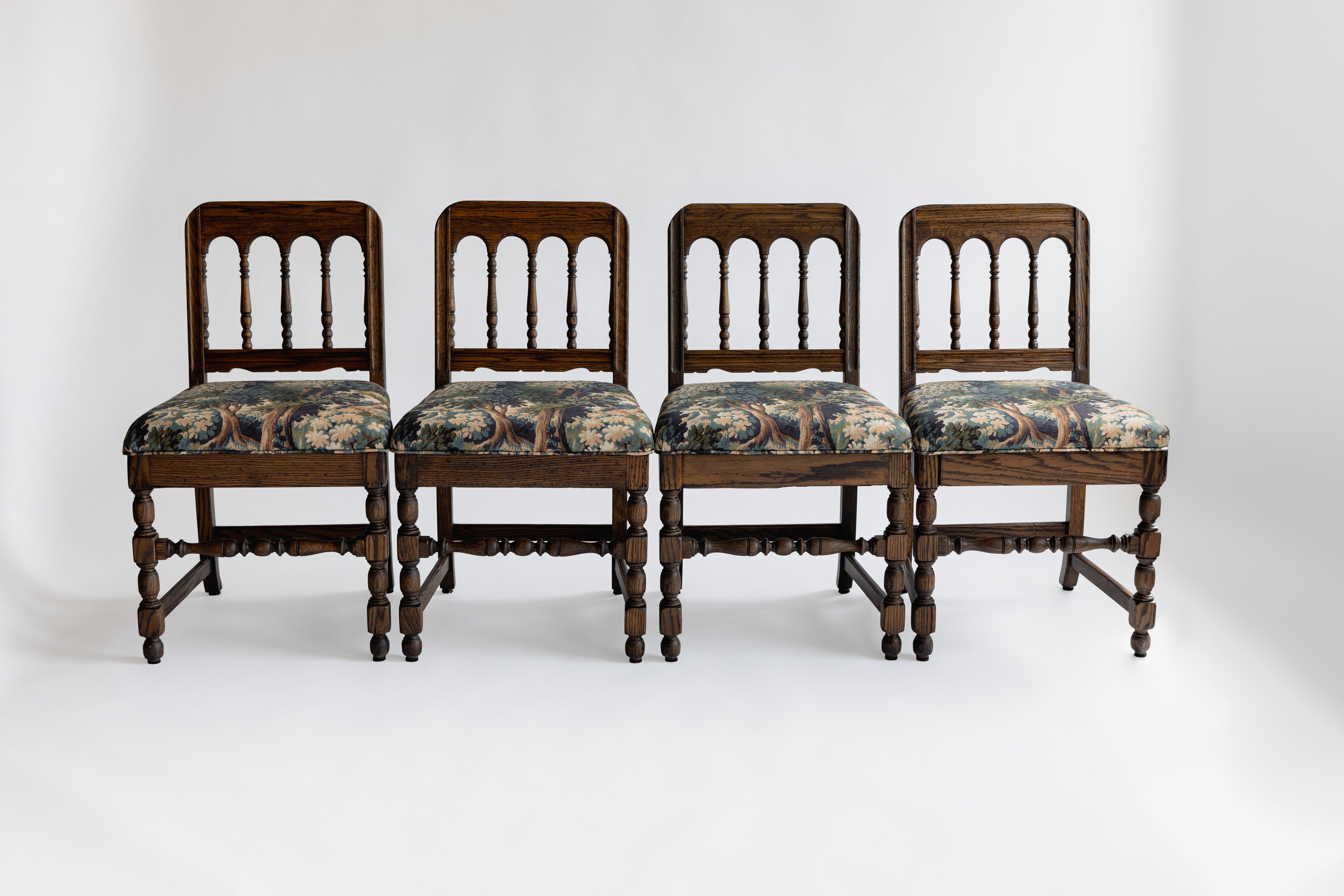 Refinished Vintage Tudor-Style Dining Chairs in Pindler Fabric (Set of 4)
